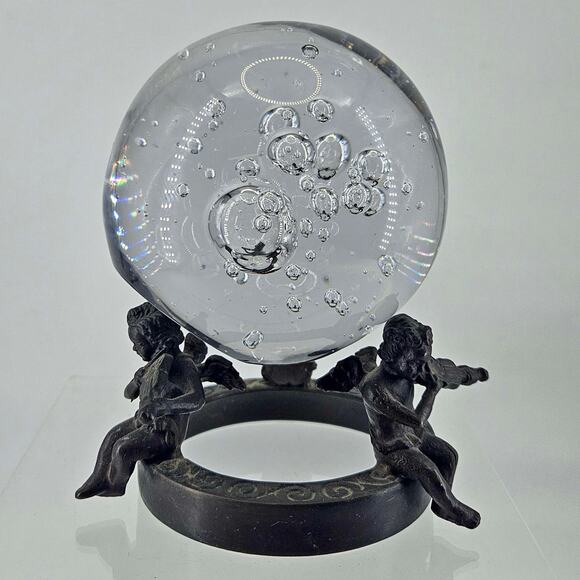 Ornate cherub Orb Sphere Candle Holder Base Stand w glass Paperweight - Picture 2 of 4